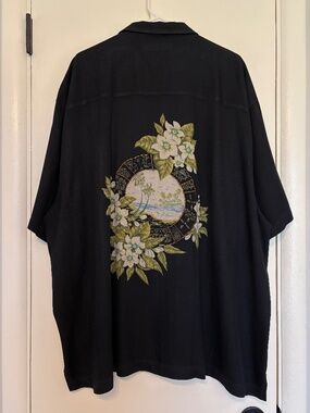 Tommy Bahama Mens 100% Silk Black Floral Hawaiian Herringbone Camp Shirt XXL/2XL